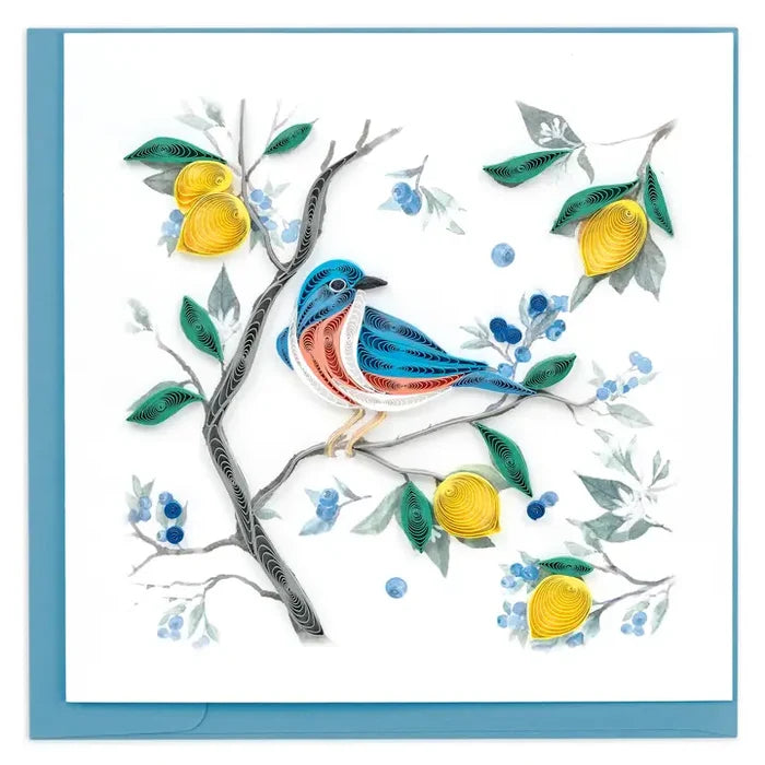 Colorful bird on a branch with lemons and flowers on a white background