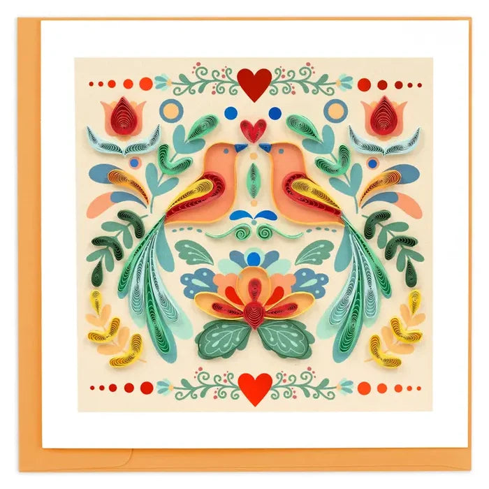 Decorative card with birds, flowers, and hearts on a beige background