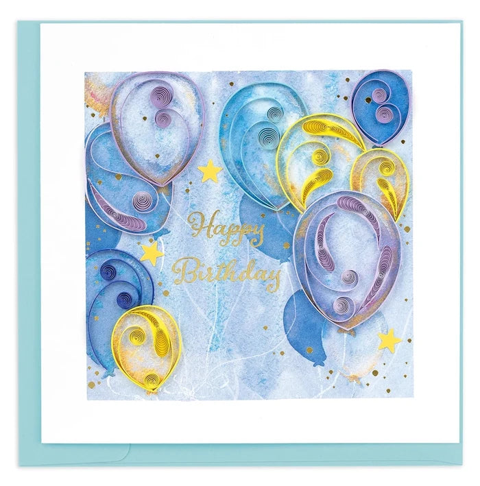 quilled Birthday card with blue and yellow balloons and 'Happy Birthday' text on a light blue border.