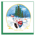 Quilling christmas card with a snowy scene, people skating, and a decorated tree.