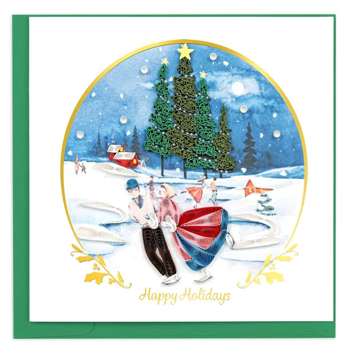 Quilling christmas card with a snowy scene, people skating, and a decorated tree.