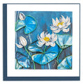 Greeting card with white flowers and blue lily pads on a blue background
