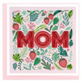 quilled Greeting card with 'MOM' in red letters surrounded by green leaves and strawberries on a pink background
