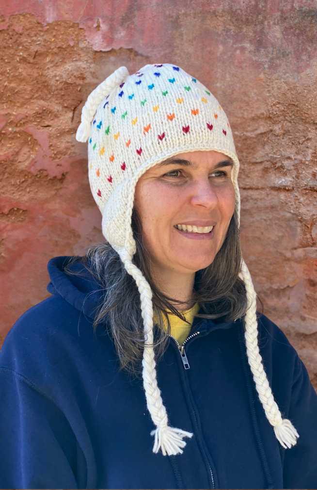Rainbow Heart Knit Hat with Earflaps