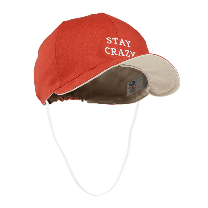 Reversible 2way Cap (M): red cap with cream brim, Stay Crazy embroidery
