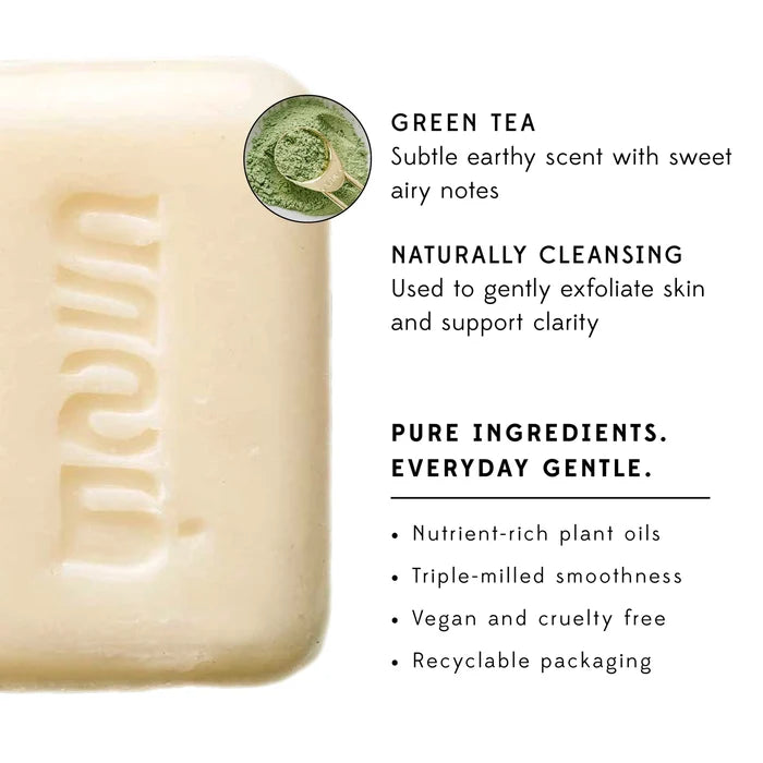 Green tea scented soap information and description on a white background.