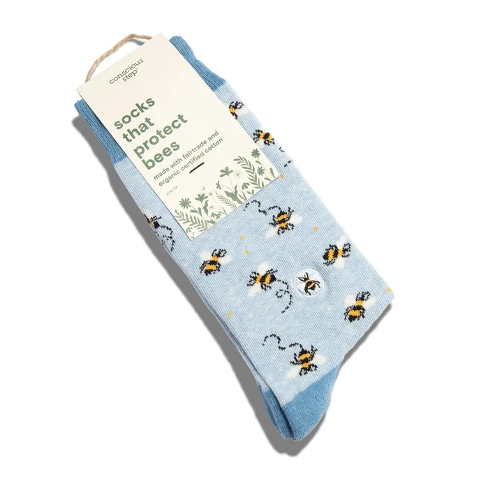 Conscious Step blue crew socks with bee on a white backgrounds