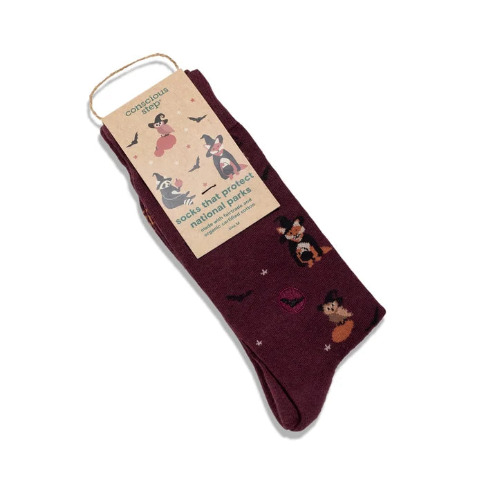 burgundy crew sock with dressed up wildlife for Halloween.