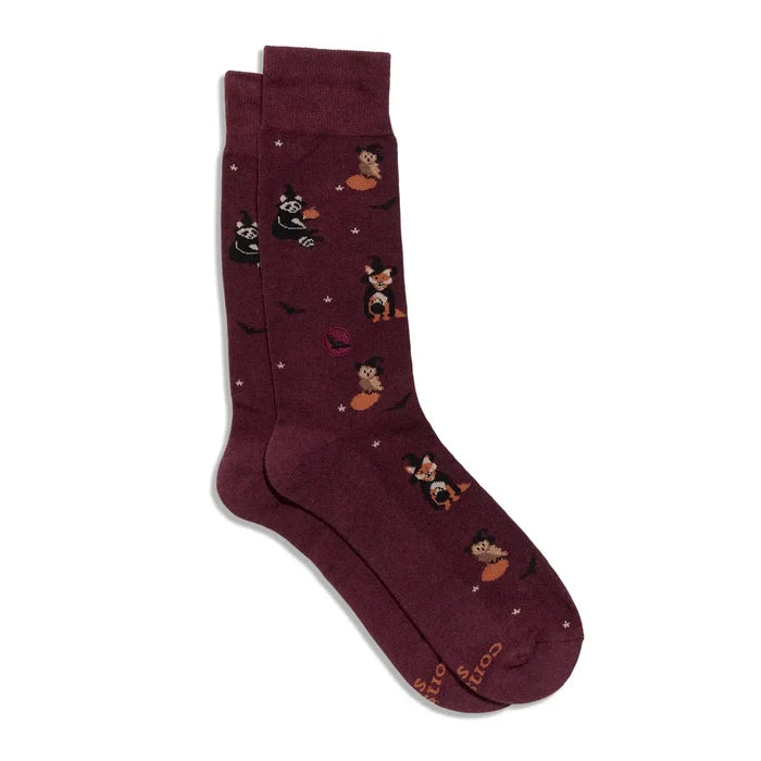 burgundy crew sock with dressed up wildlife for Halloween.