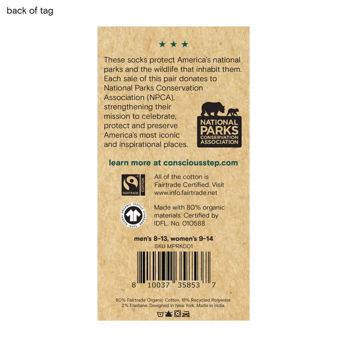 Back of a sock tag with branding and information about National Parks Conservation Association and Fair trade certification.