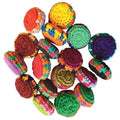 Colorful crocheted pucks on a white background