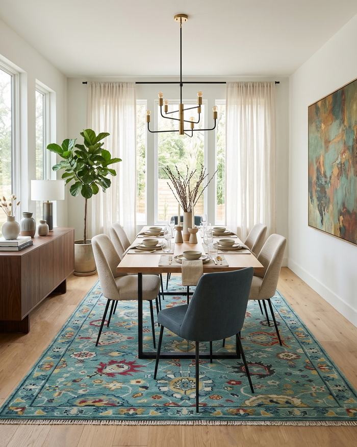 Teal and yellow Oushak-style wool rug with floral medallions and fringed edges under a dining table