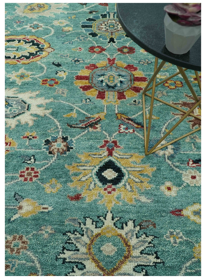 Teal And Yellow Modern Oushak Style Hand Knotted Custom Made Wool Rug - The Rug Decor