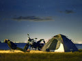 Tomo 1Pull Dome Tent in dark blue and gray with white panel under starry sky