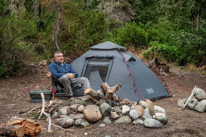 Tomo 1Pull Dome Tent: gray d20 with red guy lines and mesh window