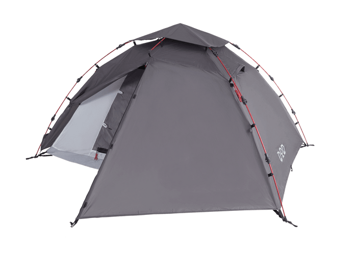 Tomo 1Pull Dome Tent with gray dome, red guy lines, black stakes and open door