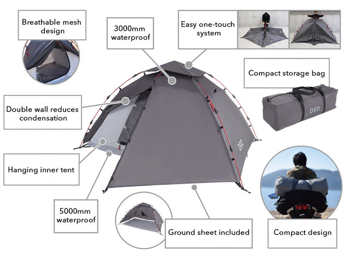 Graydoo Tomo 1Pull Dome Tent with double-wall design, mesh panels, red stitching