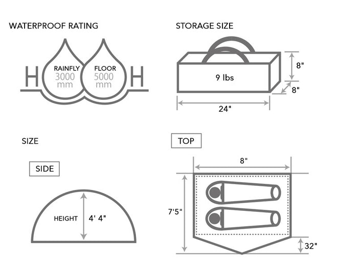 Tomo 1Pull Dome Tent: black and gray 2-person waterproof tent, 3000 mm rainfly
