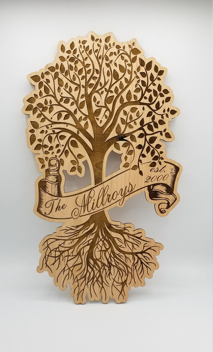 Tree of life last name laser engraved cherry plywood sign - Altered Goods