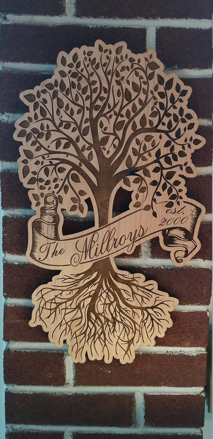 Tree of life last name laser engraved cherry plywood sign - Altered Goods