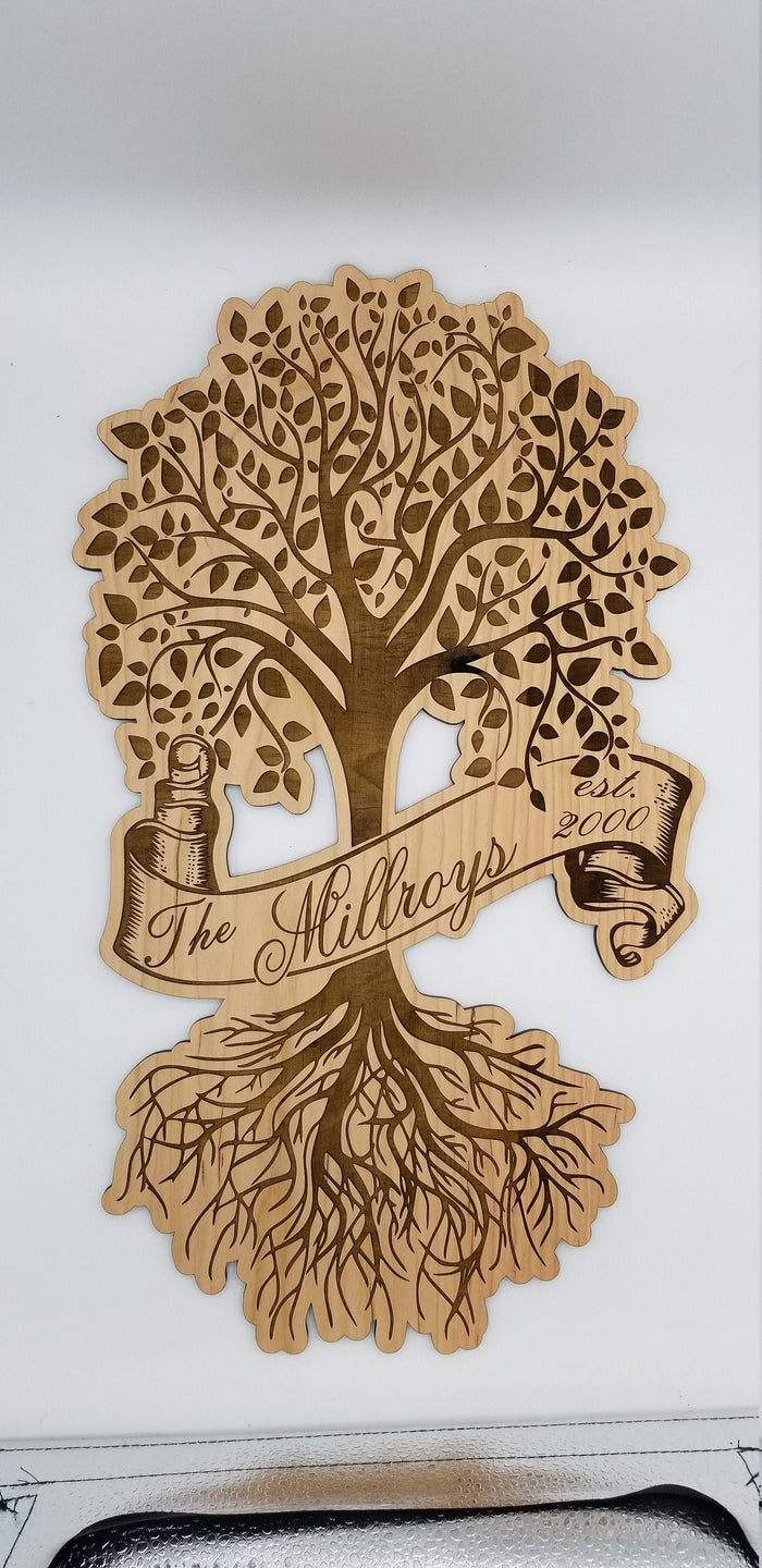 Tree of life last name laser engraved cherry plywood sign - Altered Goods