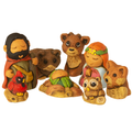 Nativity figurines, including baby Jesus, Mary, and Joseph, carved from wood.