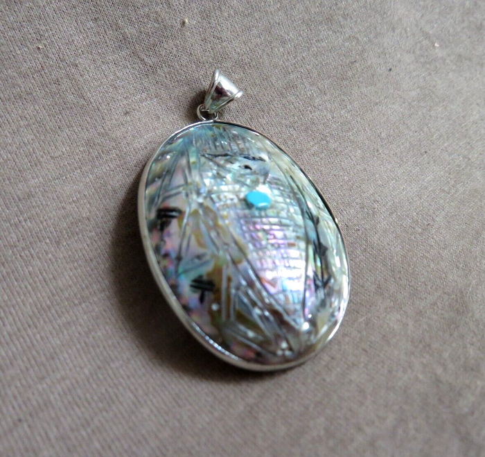 Zuni 2 Sided Mother of Pearl Corn Maiden Silver Pendant by Gloria Chattin JP74 Two Ponies Trading