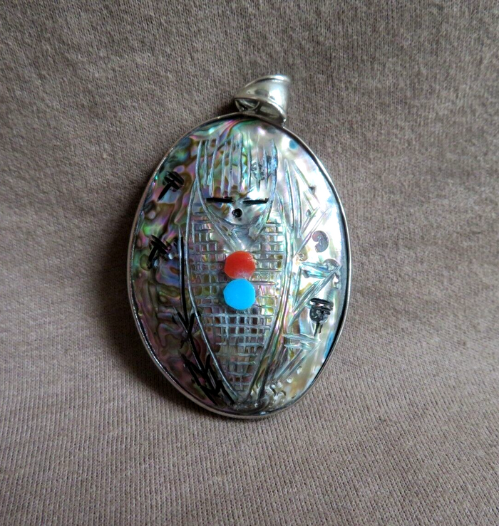 Zuni 2 Sided Mother of Pearl Corn Maiden Silver Pendant by Gloria Chattin JP74 Two Ponies Trading