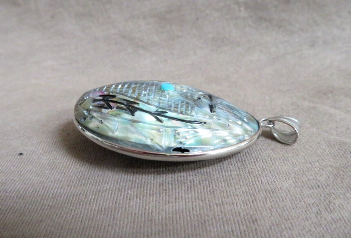 Zuni 2 Sided Mother of Pearl Corn Maiden Silver Pendant by Gloria Chattin JP74 Two Ponies Trading