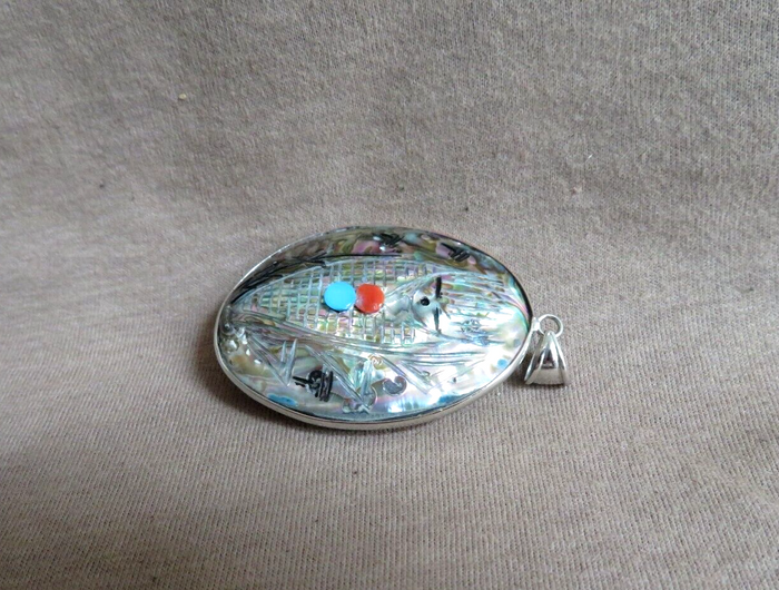Zuni 2 Sided Mother of Pearl Corn Maiden Silver Pendant by Gloria Chattin JP74 Two Ponies Trading